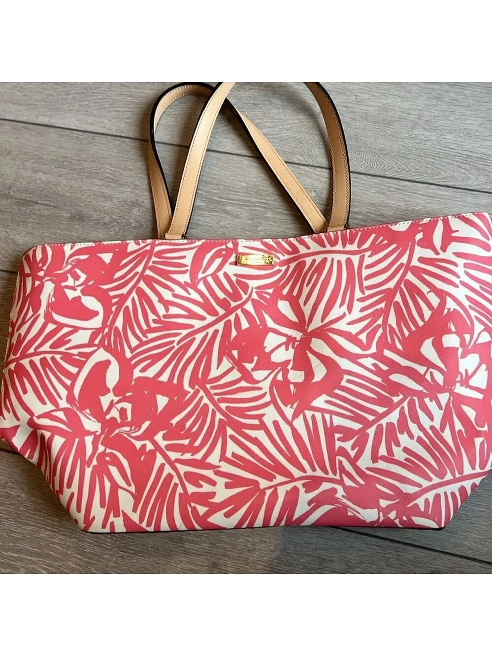 Kate Spade grant street Palm Pink Palm Leaf Print large leather Tote bag